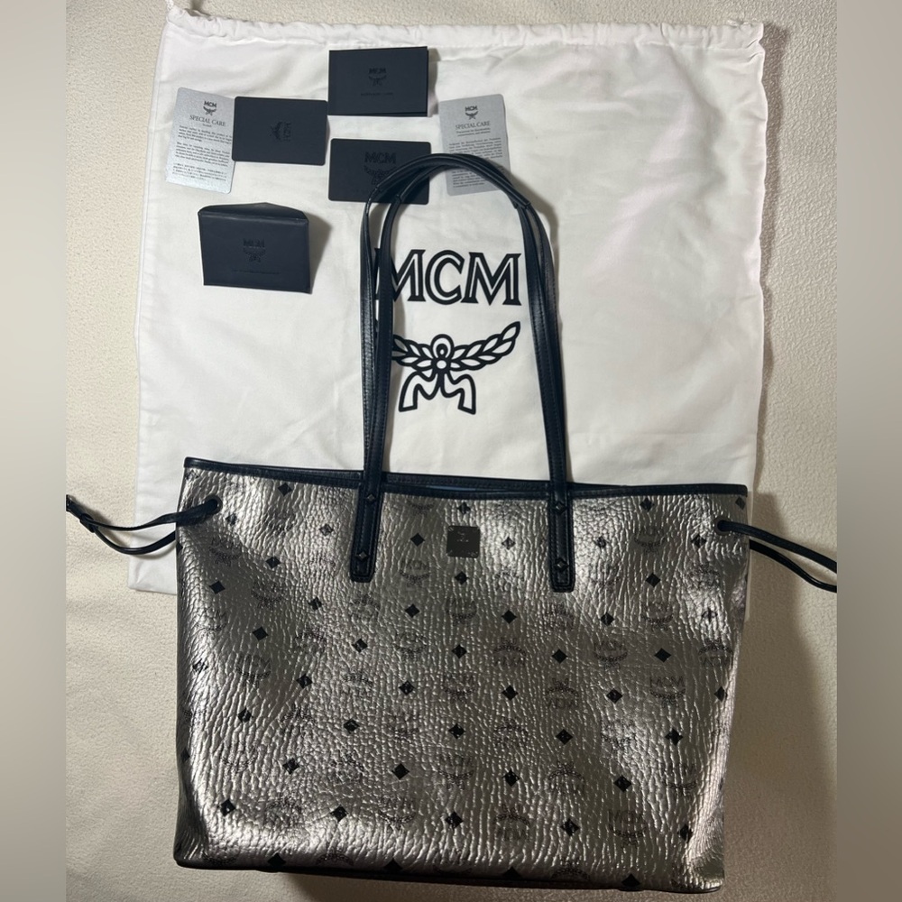 MCM Silver and Black Reversible Tote Bag Medium
